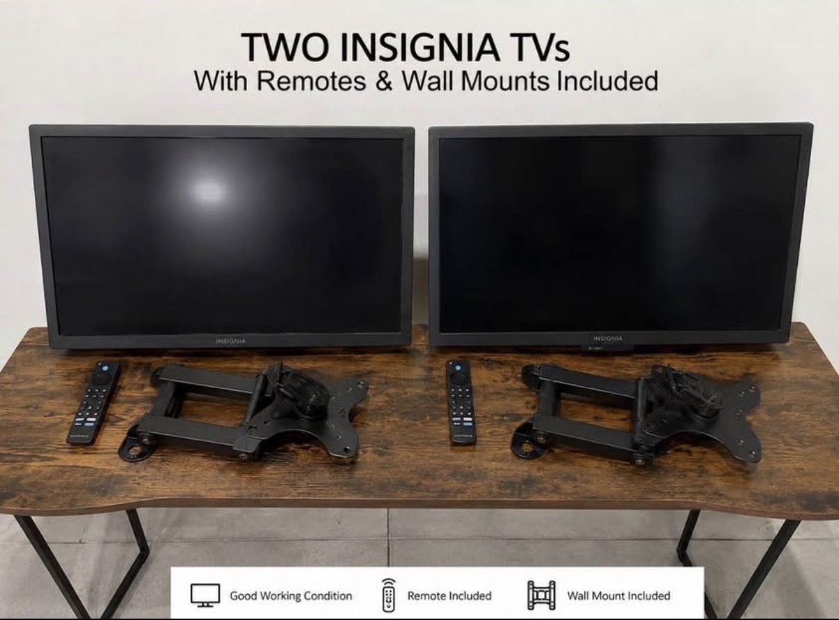 Lot of 2 Insignia HDTVs with Remotes and Articulating Wall Mounts