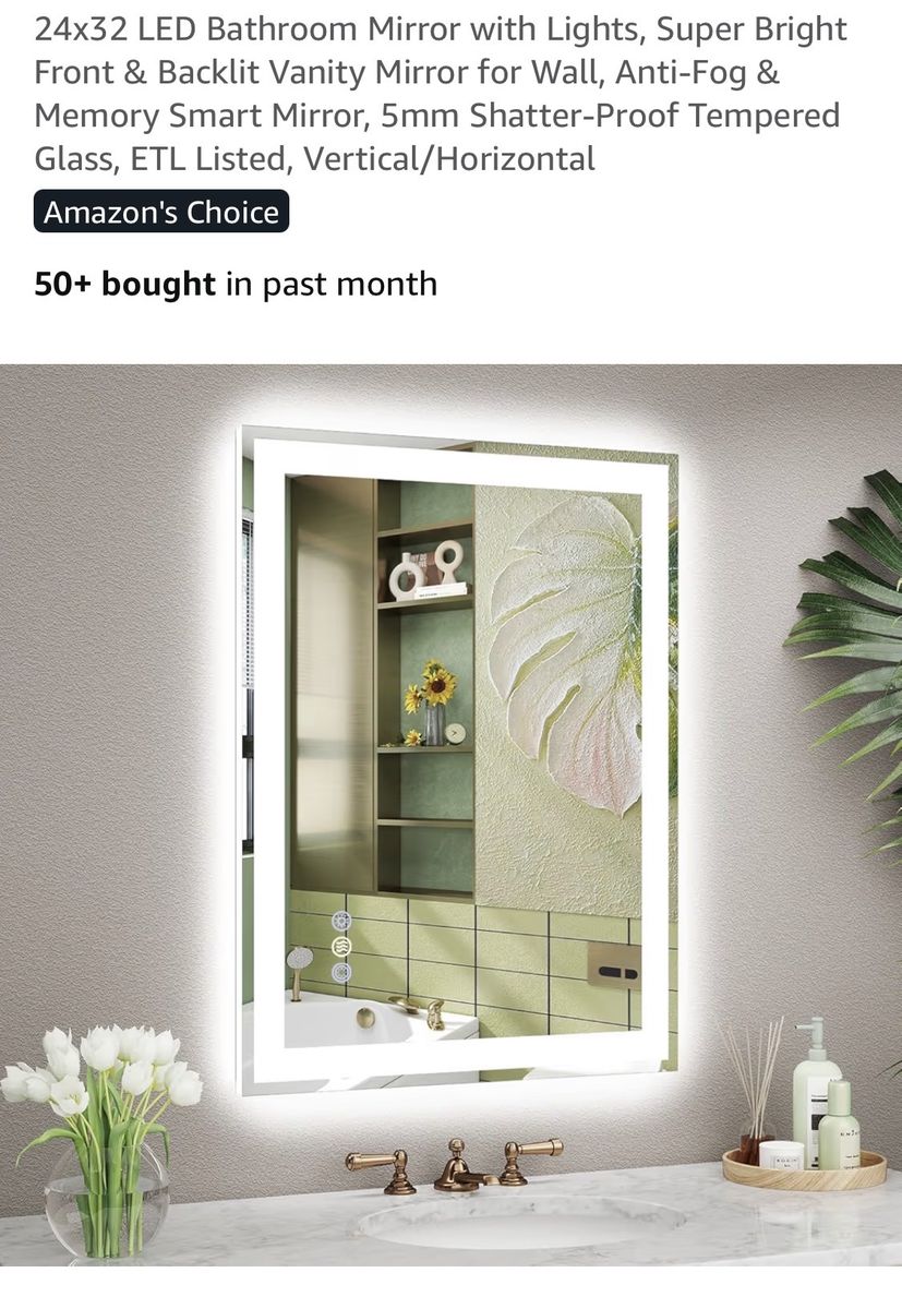 24x32 LED Bathroom Vanity Mirror with Lights - Front & Backlit, Anti-Fog, Smart Memory, Tempered Glass