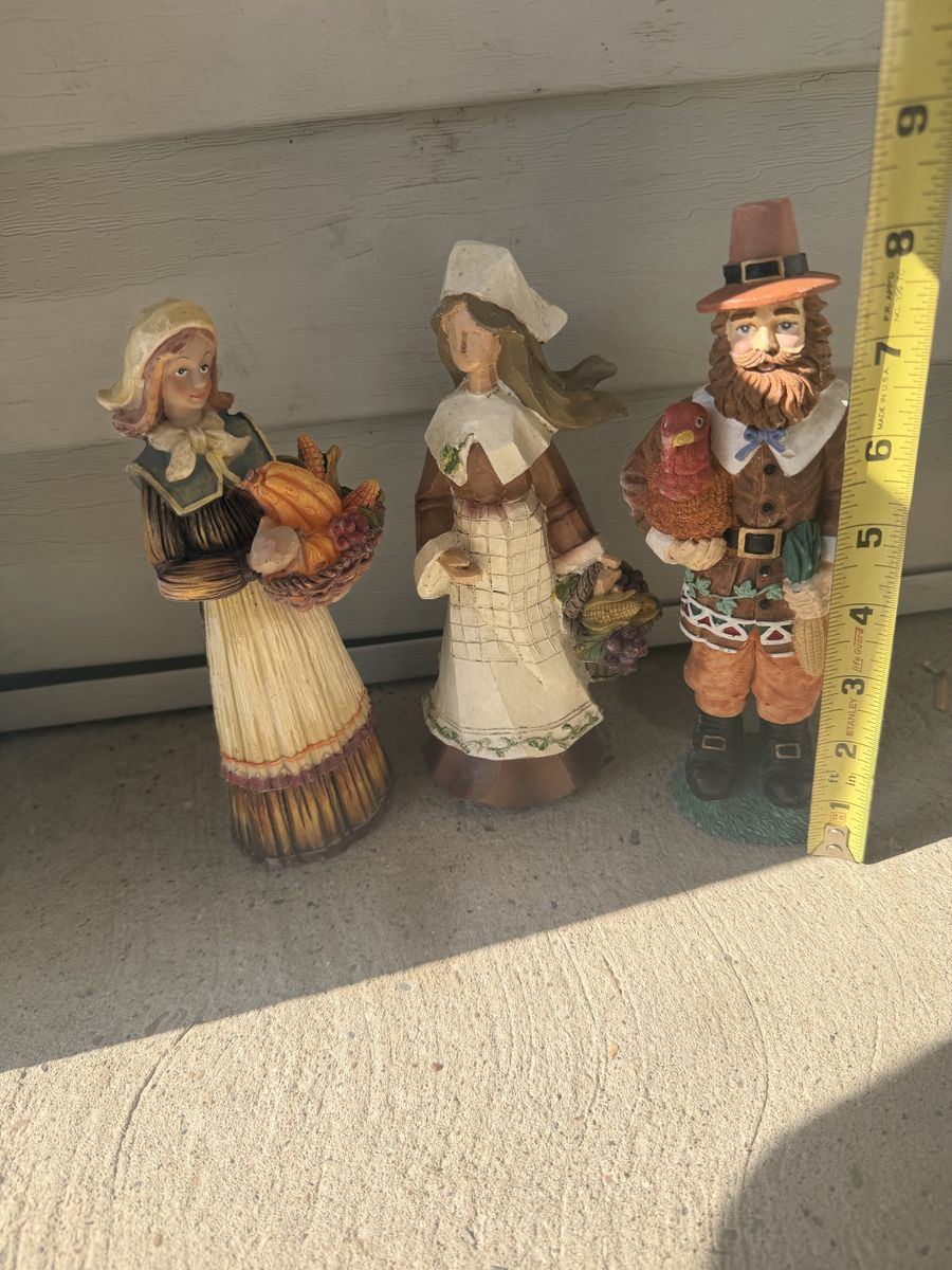 Vintage Pilgrim Figurines Thanksgiving Decor - Set of 3 Harvest Statues (8 Inches Tall)