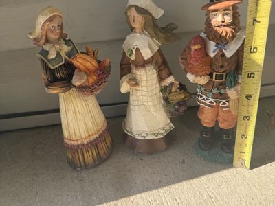 Vintage Pilgrim Figurines Thanksgiving Decor - Set of 3 Harvest Statues (8 Inches Tall)