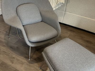 Modern Grey Upholstered Lounge Womb Chair with Matching Ottoman