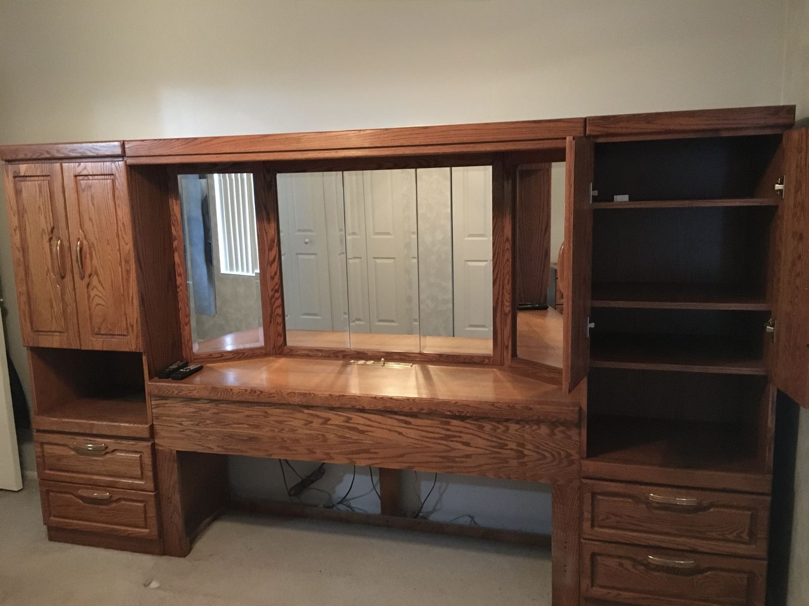 Oak Headboard for Queen Bed and Matching Dresser with Mirror