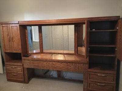 Oak Headboard for Queen Bed and Matching Dresser with Mirror