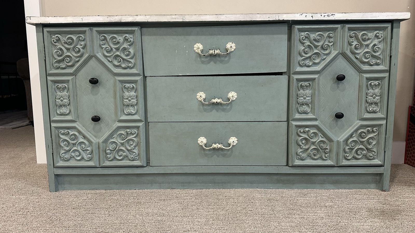Vintage Distressed Blue/Green Credenza Buffet or Dresser with Carved Cabinet Doors
