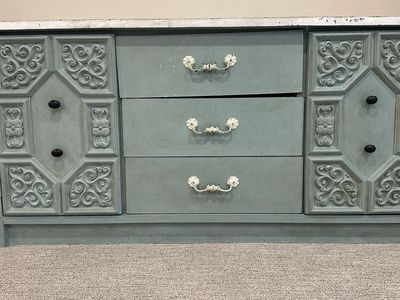 Vintage Distressed Blue/Green Credenza Buffet or Dresser with Carved Cabinet Doors