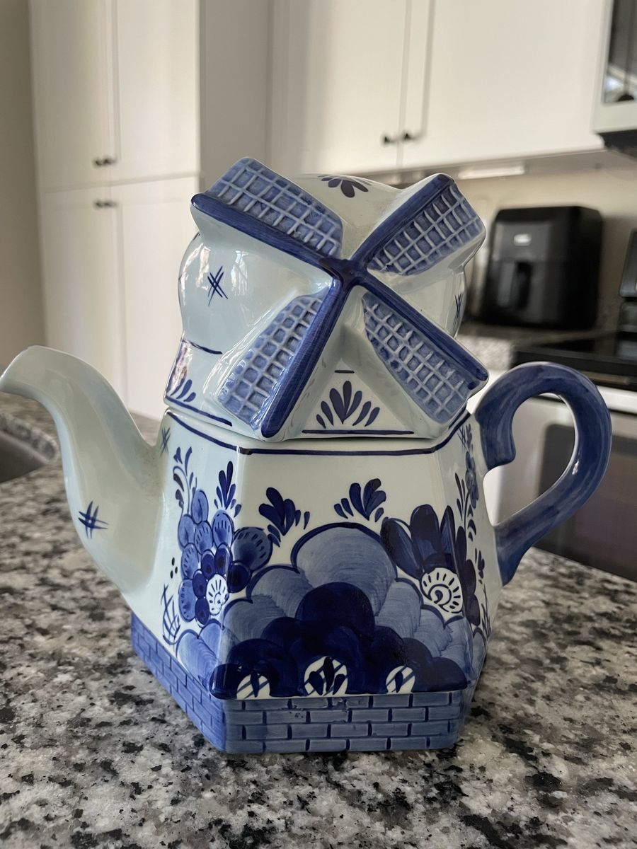 Vtg Blue Delft Windmill Shaped Teapot Holland Ceramic Handpainted BlueWhite