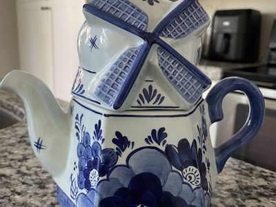 Vtg Blue Delft Windmill Shaped Teapot Holland Ceramic Handpainted BlueWhite