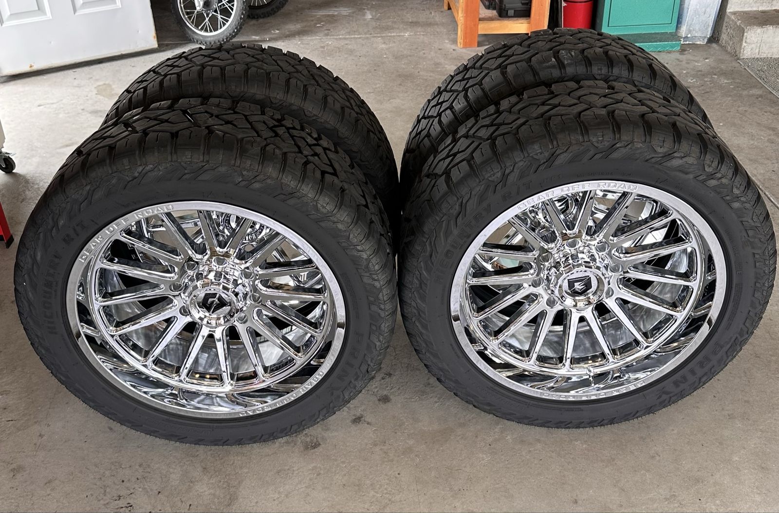 22x10, -19mm offset, Gear Off Road 764’s with an 8x180 lug pattern