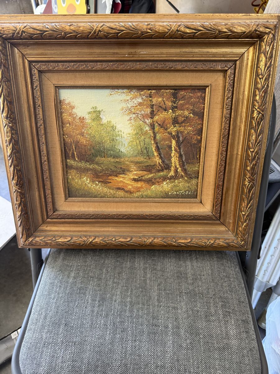 Vintage CANTRELL Framed Oil Painting - Autumn Forest Landscape, Gold Tone Frame Art