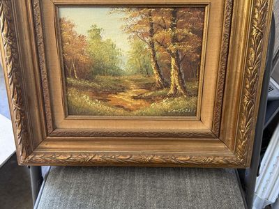 Vintage CANTRELL Framed Oil Painting - Autumn Forest Landscape, Gold Tone Frame Art