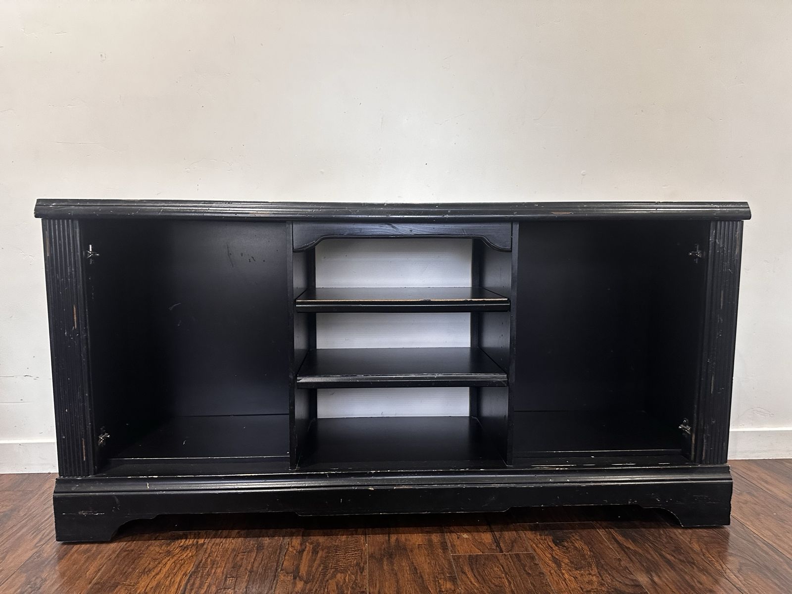 66" Wide Distressed Black Wood TV Stand