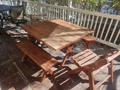 Redwood Table w/ Two Benches and Two Chairs