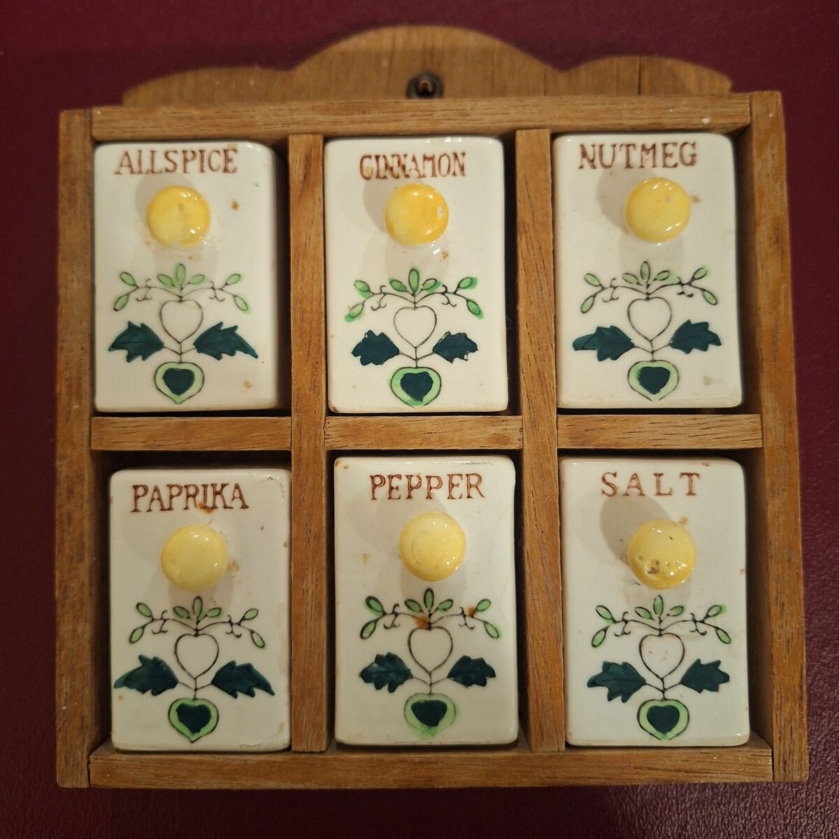 Vintage ceramic and wooden spice rack/decoration