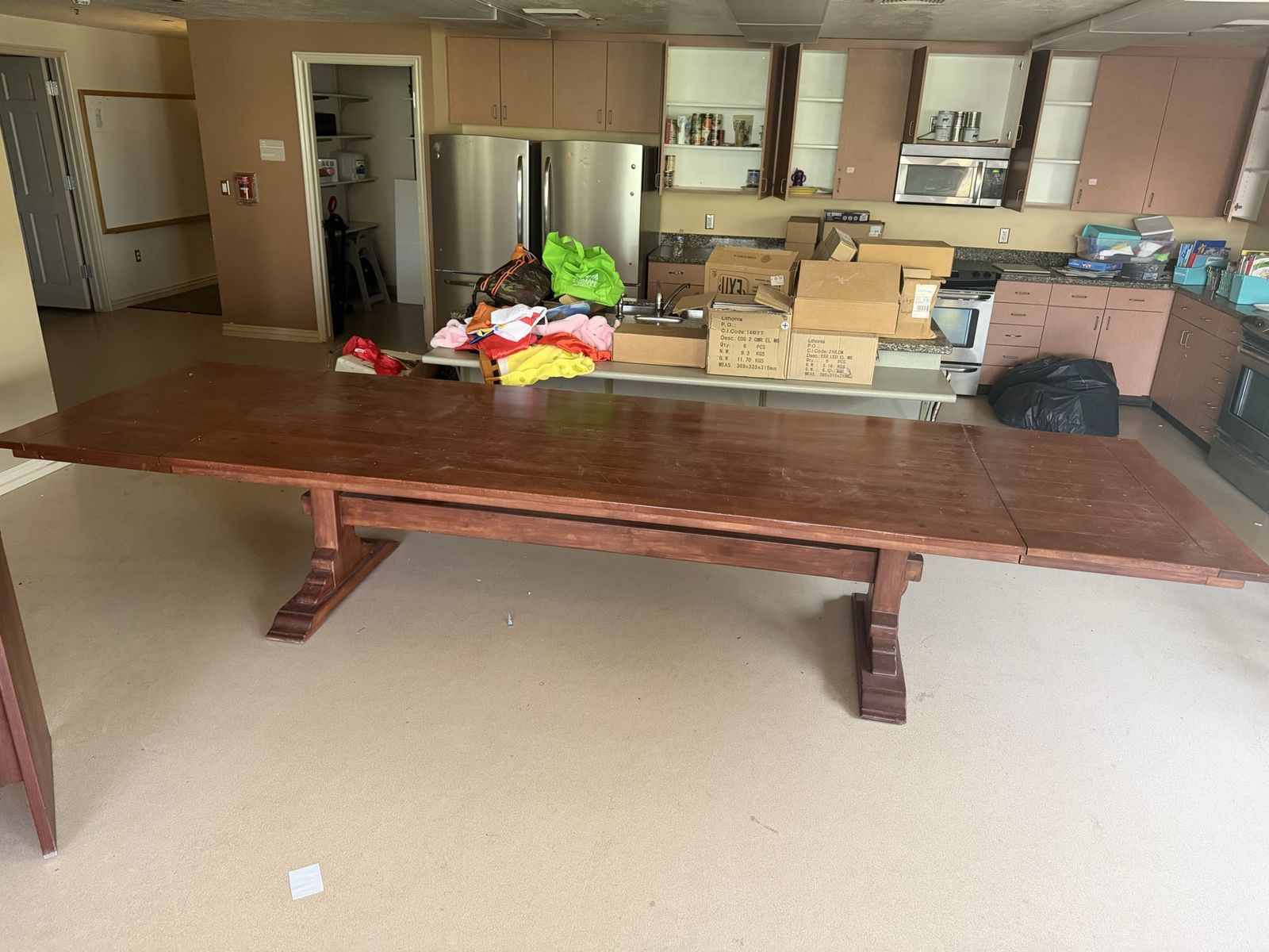 Large Wooden Trestle Dining Table with Extension Leaves