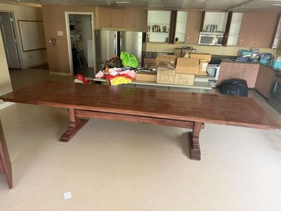 Large Wooden Trestle Dining Table with Extension Leaves