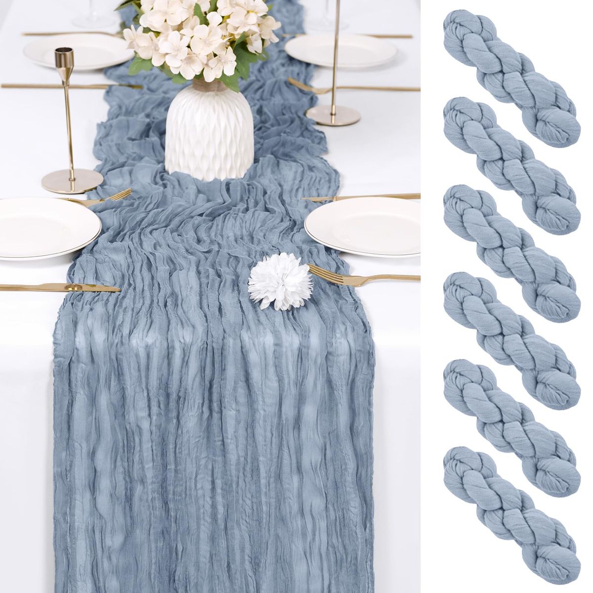 RealBox 6 Pack Dusty Blue Cheesecloth Table Runner 17x108 Inch Semi Sheer Boho Gauze Cheese Cloth Fabric Table Runners Table Dec