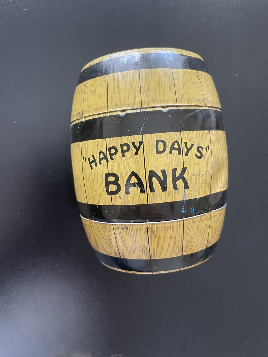 Vintage J. Chein & Co. Happy Days Barrel Coin Bank Made in USA