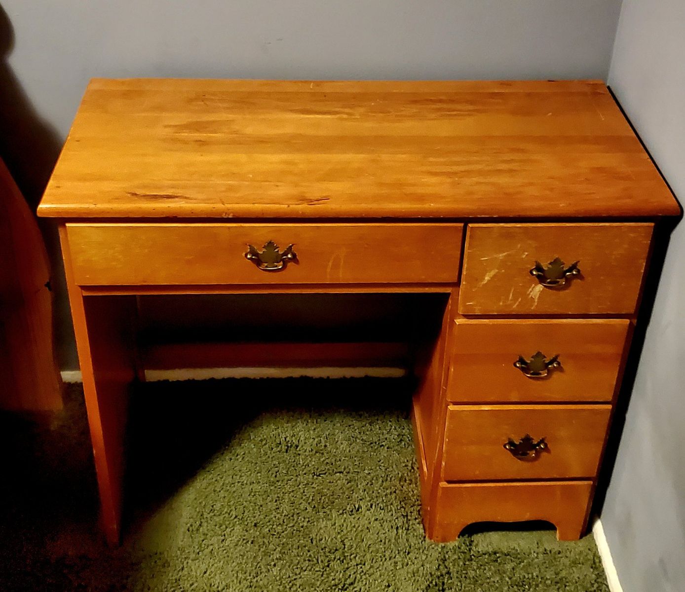 Vintage Solid Wood 4 Drawer Desk - Light Wood Finish, Brass Hardware