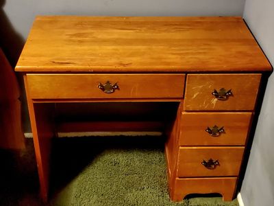Vintage Solid Wood 4 Drawer Desk - Light Wood Finish, Brass Hardware