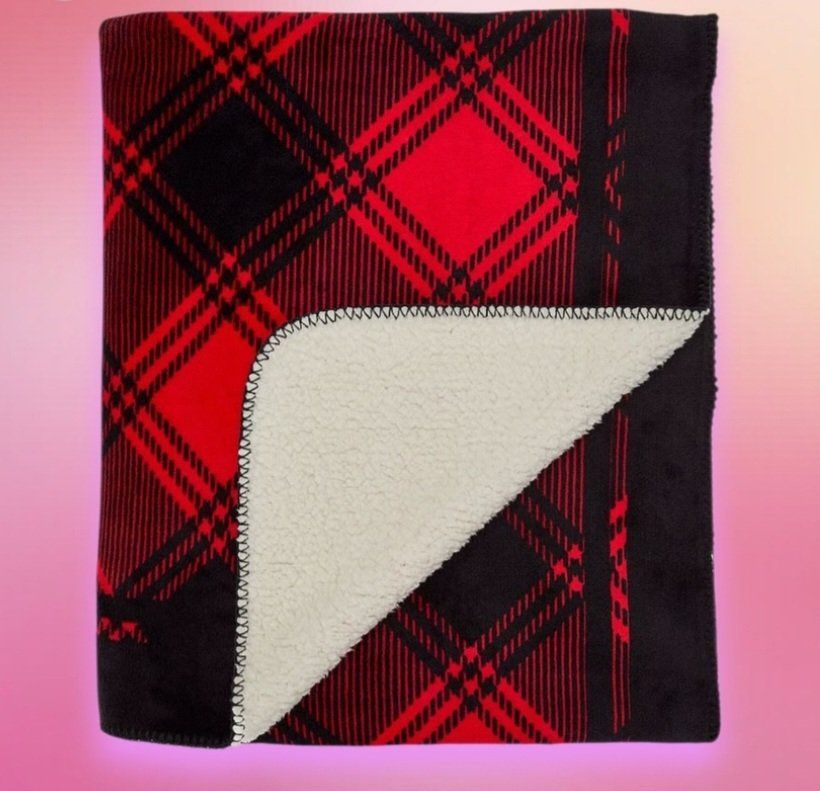 Pink Victorias Secret Red and Black Plaid Sherpa Blankets
