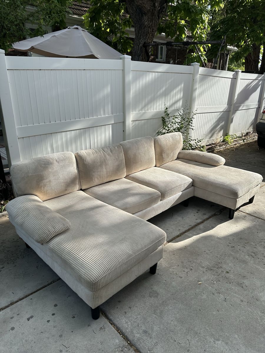 Spacious Beige Corduroy U-Shaped Sectional Sofa with Two Chaises - Excellent Condition