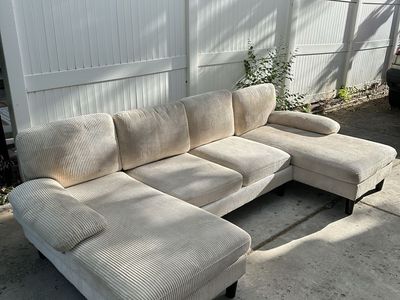 Spacious Beige Corduroy U-Shaped Sectional Sofa with Two Chaises - Excellent Condition