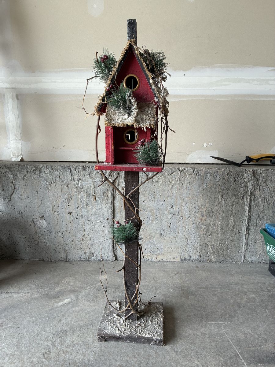 Tall Red Birdhouse winter Decor Post