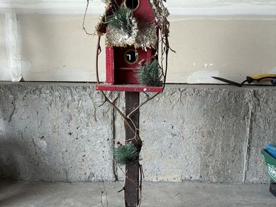 Tall Red Birdhouse winter Decor Post