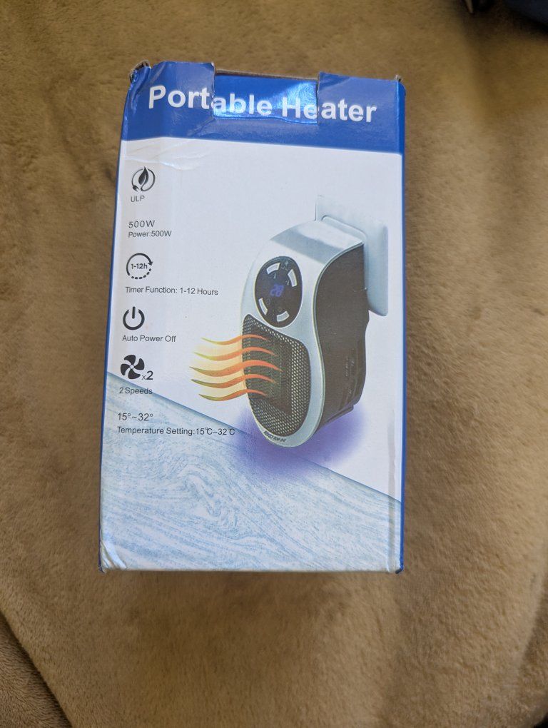Portable Heater 500W Wall Outlet Space Heater with Timer Auto Power Off, 2 Speeds