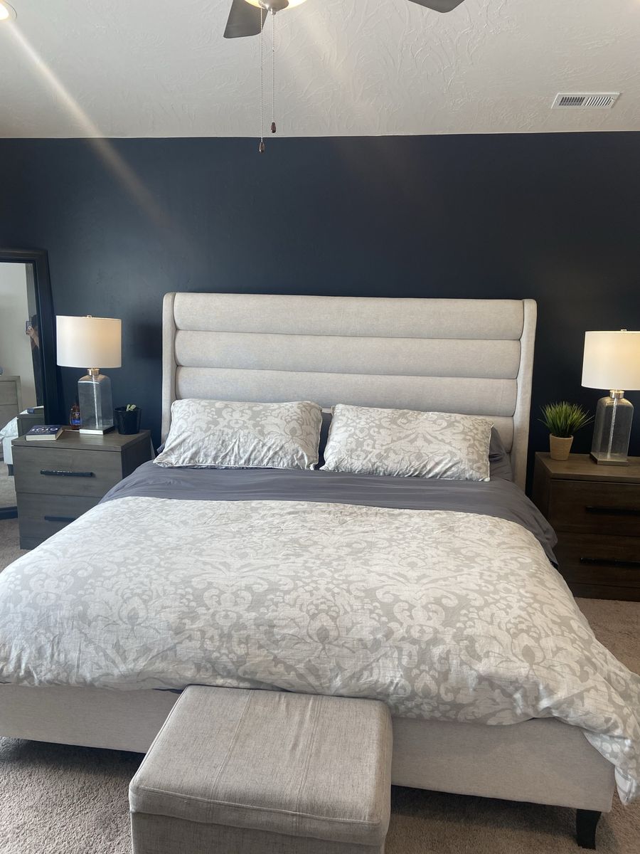 $300 OBO- King Size Mechanical Bed Frame- Cream colored fabric