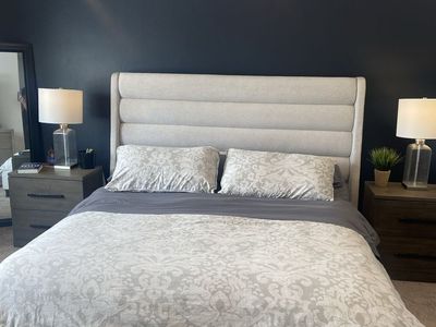 $300 OBO- King Size Mechanical Bed Frame- Cream colored fabric