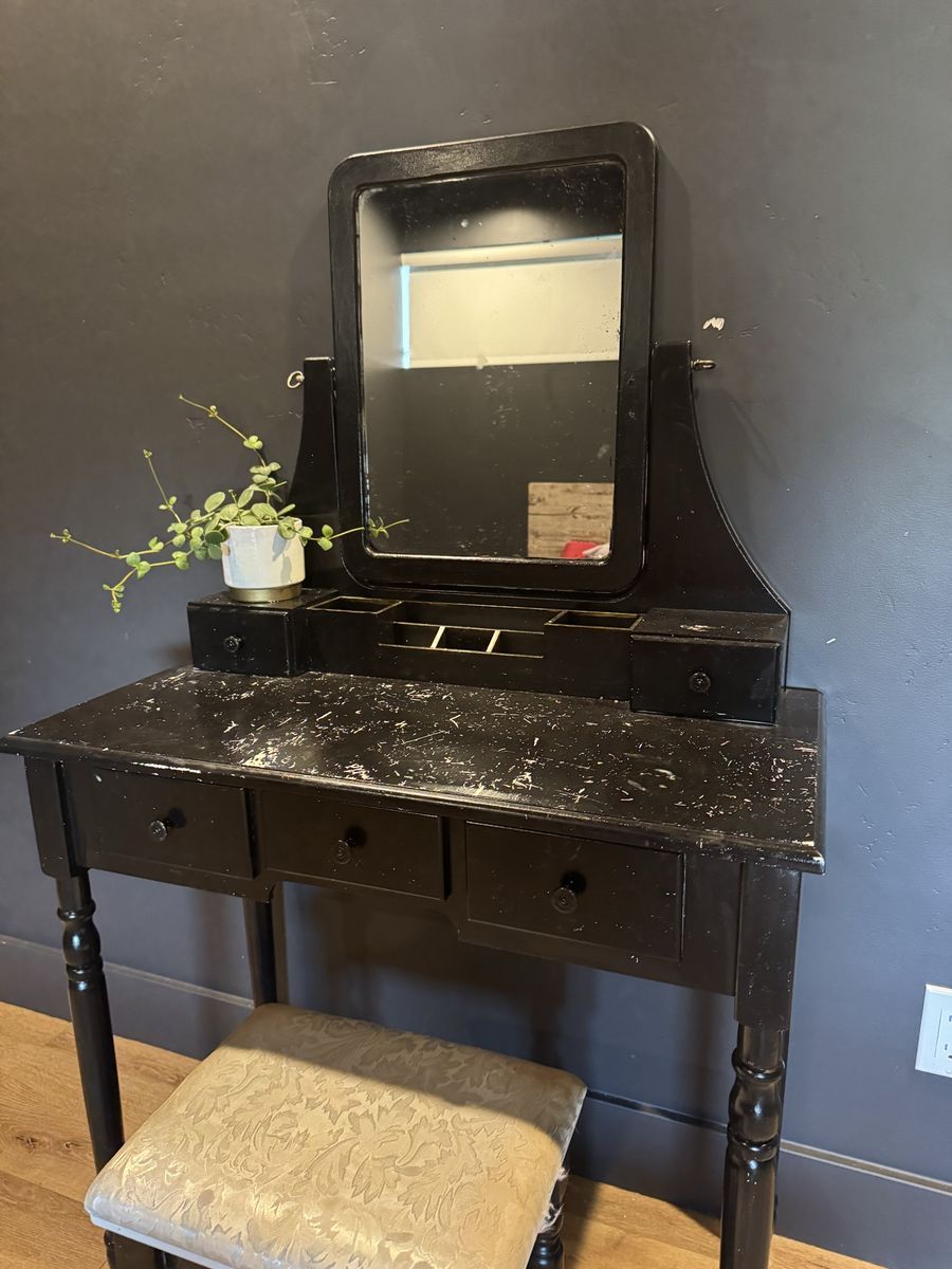 Vintage Black Wooden Makeup Vanity Table Set with Attached Mirror & Cushioned Stool
