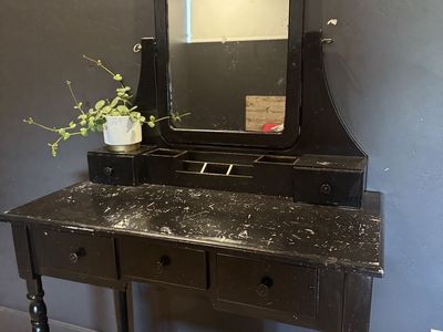 Vintage Black Wooden Makeup Vanity Table Set with Attached Mirror & Cushioned Stool
