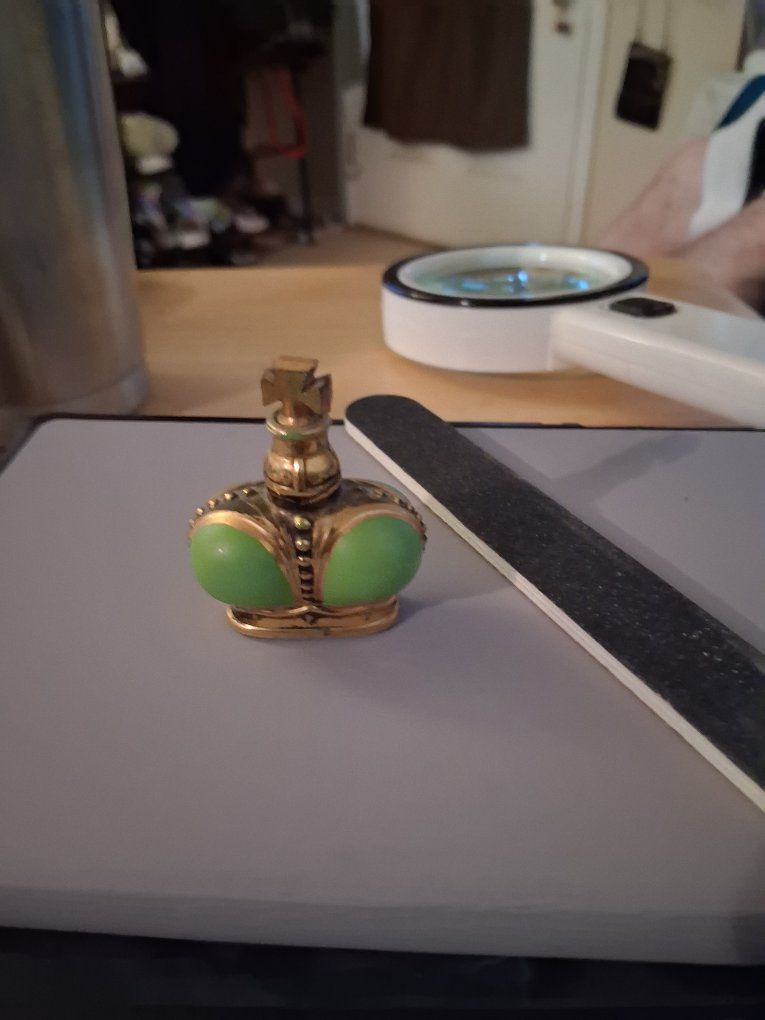 Vintage Gold and Green Crown-Shaped Trinket Box/Perfume Bottle - Ornate & Unique Collectible