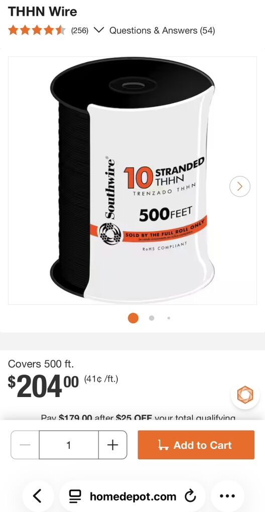 NEW! 500 ft. 10 Black Stranded CU THHN Wire
