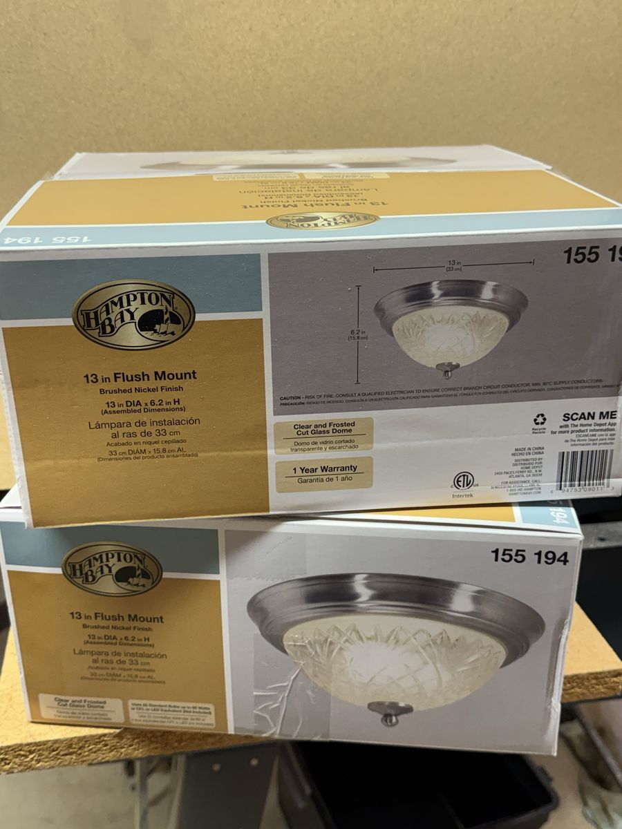 Set of 2 Hampton Bay 13in Flush Mount Light Fixture Brushed Nickel Clear/Frosted Cut Glass Dome 155 194