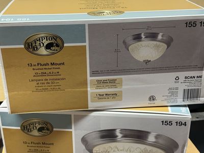Set of 2 Hampton Bay 13in Flush Mount Light Fixture Brushed Nickel Clear/Frosted Cut Glass Dome 155 194
