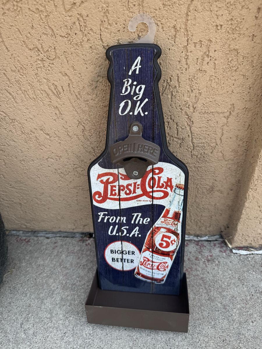 Vintage Pepsi-Cola Bottle Opener Wall Sign with Cap Catcher 14” Tall
