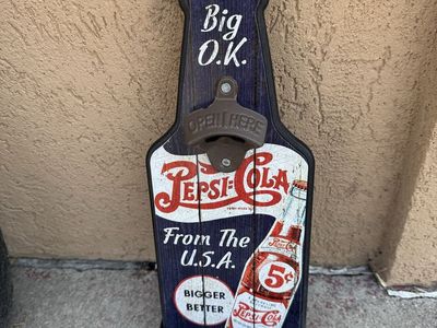 Vintage Pepsi-Cola Bottle Opener Wall Sign with Cap Catcher 14” Tall