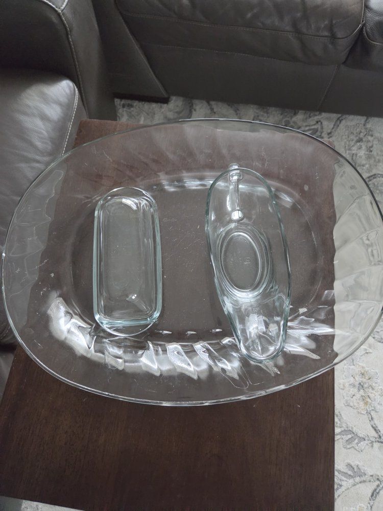 Glass Gravy Boat, Butter Dish, and Serving Tray Set - Clear Glass