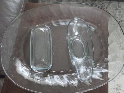 Glass Gravy Boat, Butter Dish, and Serving Tray Set - Clear Glass