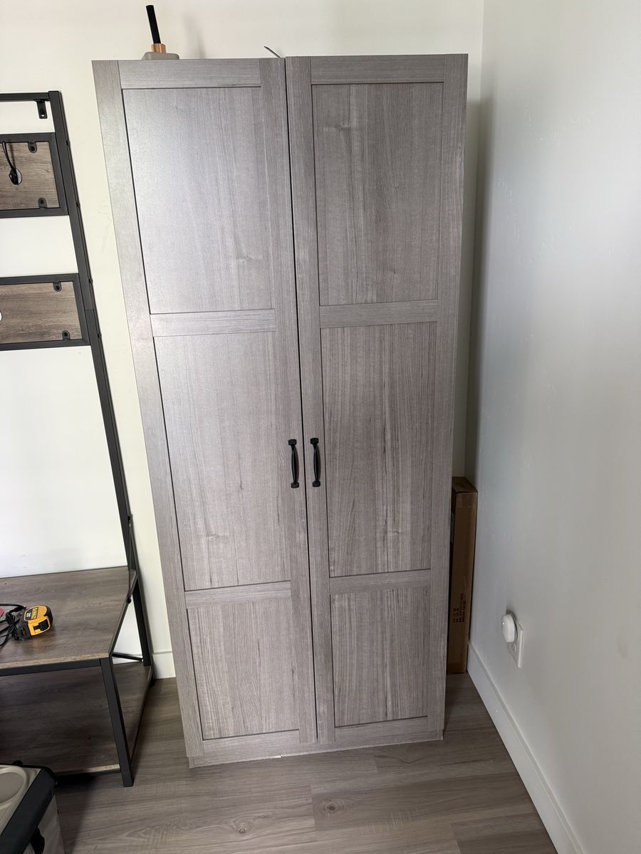Gray Wood Tone 2-Door Storage Cabinet / Pantry with Adjustable Shelves w/ Bins