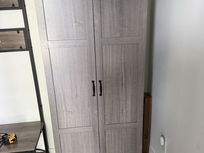 Gray Wood Tone 2-Door Storage Cabinet / Pantry with Adjustable Shelves w/ Bins