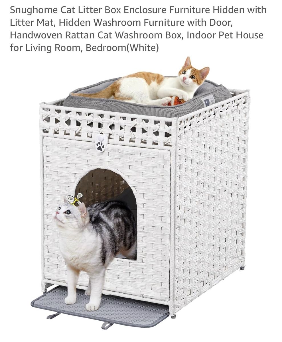White Woven Rattan Cat Litter Box Enclosure Furniture – Hidden Cat House