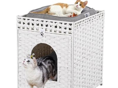 White Woven Rattan Cat Litter Box Enclosure Furniture – Hidden Cat House