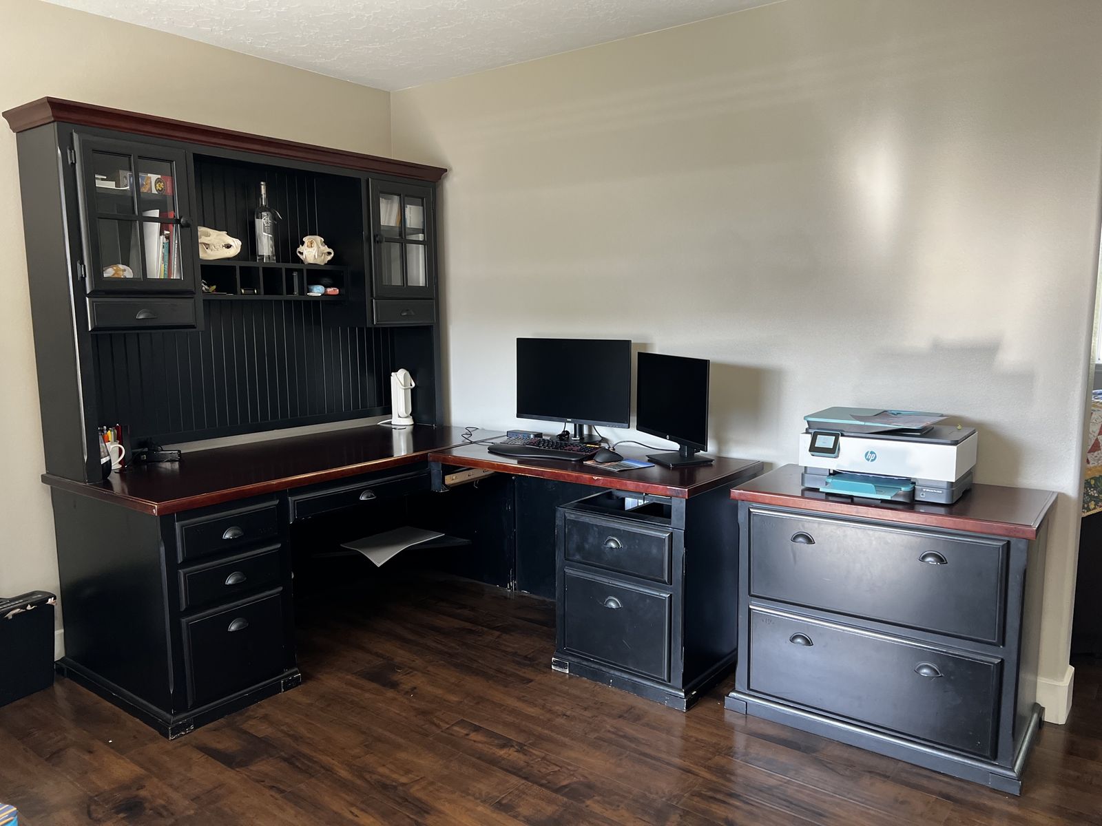 Large L-Shaped Black & Cherry Wood Office Desk with Hutch and File Cabinet