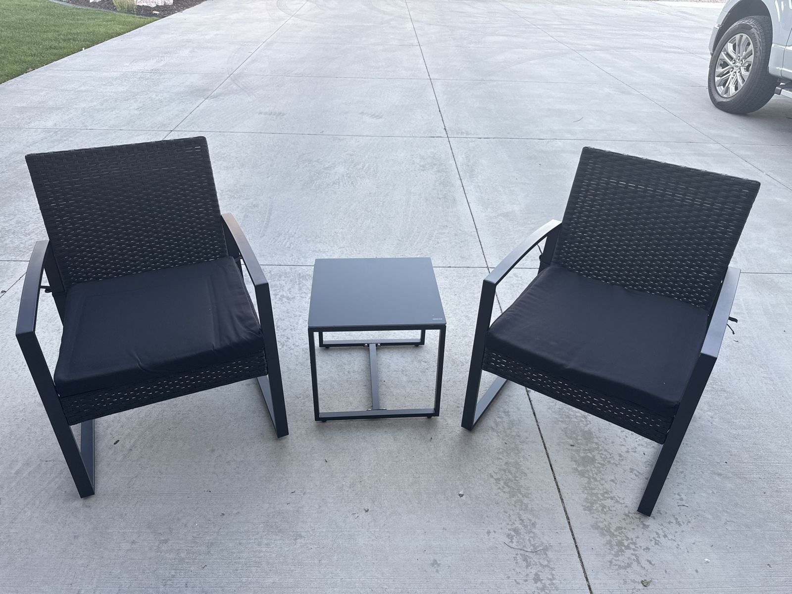 Outdoor Patio Set - 2 Wicker Chairs w/ Cushions & Side Table - Black
