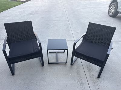 Outdoor Patio Set - 2 Wicker Chairs w/ Cushions & Side Table - Black