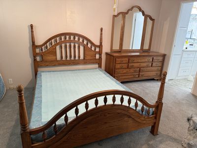 Oak Wood Bedroom Set: Bed Frame, Mattress & Box Spring, Dresser with Tri-Fold Mirror