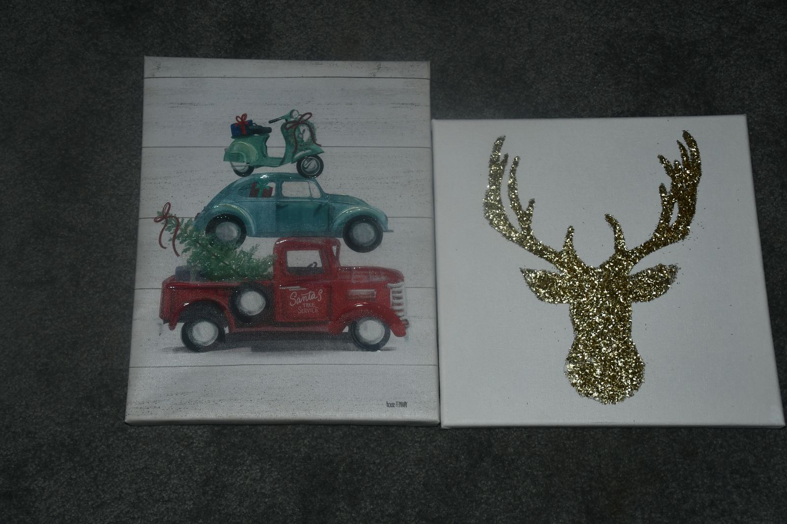 2 CHRISTMAS CANVAS PICTURES ~ GOLD REINDEER ~ PICK UP TRUCK, CAR & SCOOTER ~ 12" x 12" & 11" x 14" ~ BOTH for $5